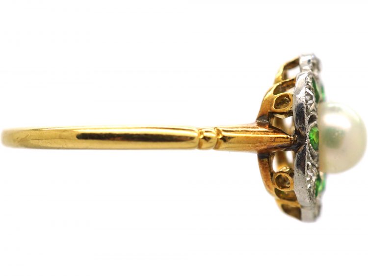 Edwardian 18ct Gold & Platinum, Green Garnet, Diamond & Natural Pearl Flower Cluster Ring