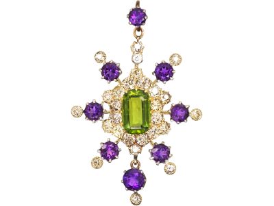 15ct Gold Suffragette Pendant set with Diamonds, Amethyst & a Peridot