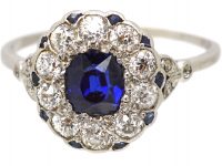 Early 20th Century Platinum, Sapphire & Diamond Oval Cluster Ring with Tiny Sapphire Points