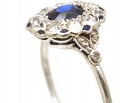 Early 20th Century Platinum, Sapphire & Diamond Oval Cluster Ring with Tiny Sapphire Points