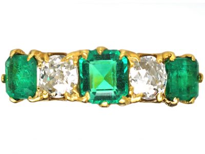 Victorian 18ct Gold, Five Stone Emerald & Diamond Carved Half Hoop Ring