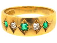 Victorian 18ct Gold, Emerald & Diamond Five Stone Gypsy Ring