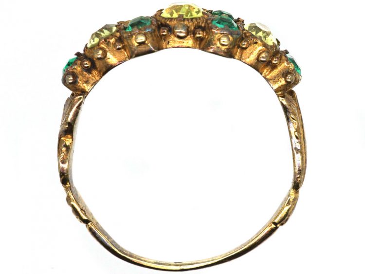 Georgian 15ct Gold, Chrysoberyl & Emerald Ring with Leaf Motif Shoulders