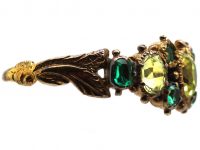 Georgian 15ct Gold, Chrysoberyl & Emerald Ring with Leaf Motif Shoulders