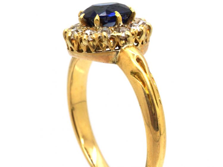 Edwardian 18ct Gold, Sapphire & Diamond Cluster Ring with Ornate Shoulders
