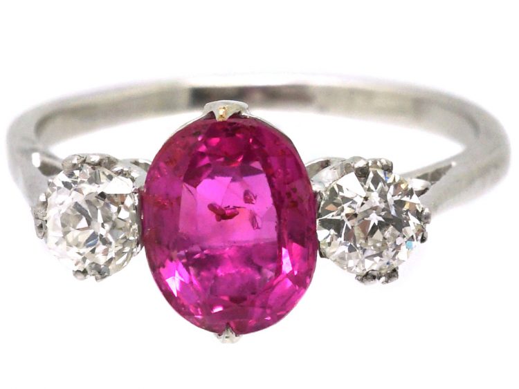 Edwardian Platinum, Pink Sapphire & Diamond Three Stone Ring