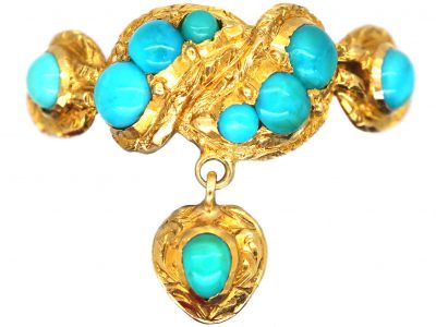 Georgian 15ct Gold & Turquoise Twist Ring with Turquoise Heart Drop