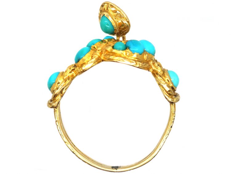 Georgian 15ct Gold & Turquoise Twist Ring with Turquoise Heart Drop