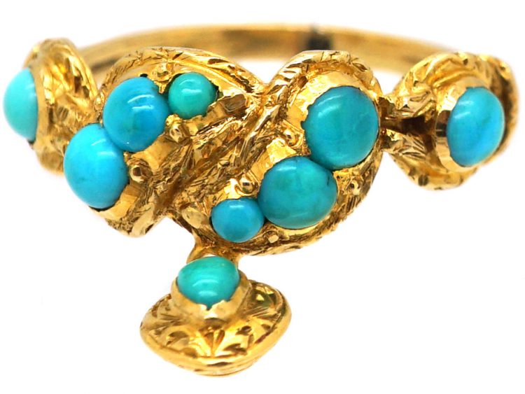 Georgian 15ct Gold & Turquoise Twist Ring with Turquoise Heart Drop