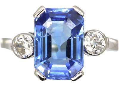 French Early 20th Century Platinum, Sapphire & Diamond Three Stone Ring