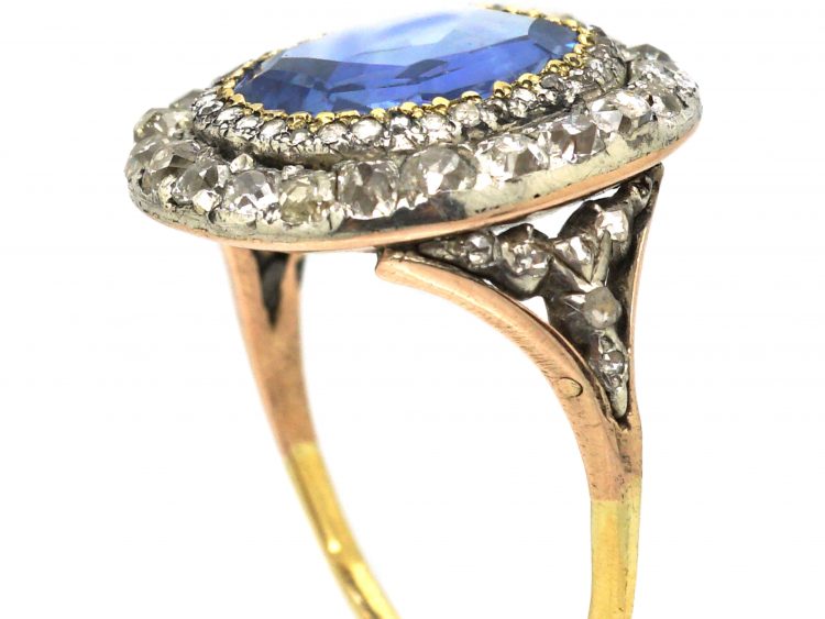 Georgian 18ct Gold & Silver, Large Sapphire & Diamond Cluster Ring