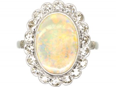 French mid 20th Century 18ct White Gold, Opal & Diamond Cluster Ring