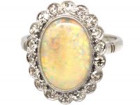 French mid 20th Century 18ct White Gold, Opal & Diamond Cluster Ring