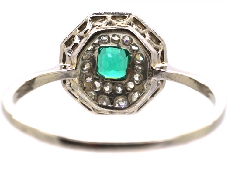 Early 20th Century Platinum, Emerald & Diamond Octagonal Cluster Ring