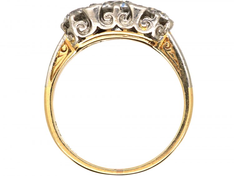 Early 20th Century 14ct Gold & Platinum, Three Stone Diamond Carved Half Hoop Ring