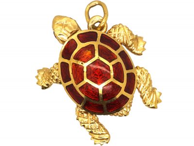 French 18ct Gold & Red Enamel Turtle Pendant with Ruby Eyes