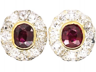 Edwardian 18ct Gold & Platinum, Ruby & Diamond Cluster Earrings