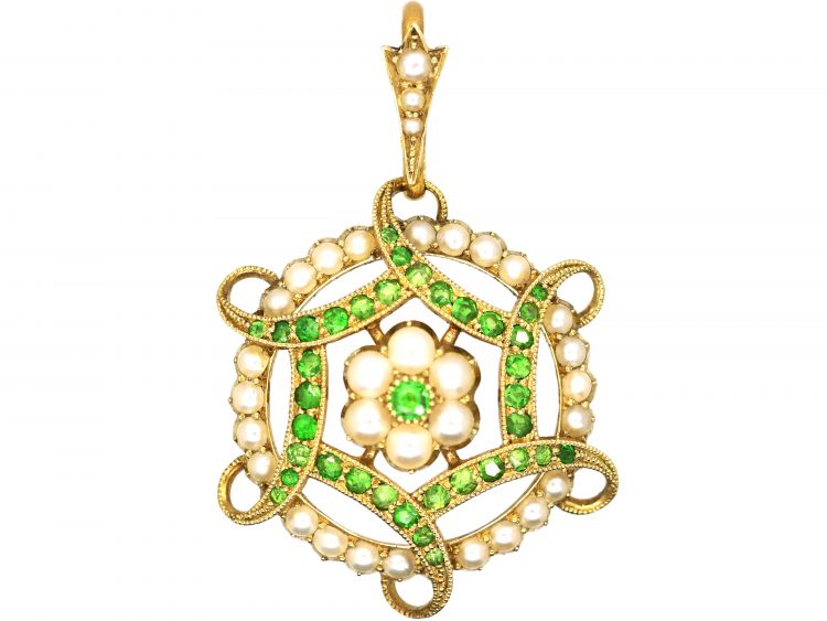 Edwardian 15ct Gold Pendant/ Brooch set with Green Garnets & Natural Split Pearls