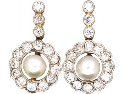 Swedish Early 20th Century 18ct Gold & Platinum, Diamond & Natural Bouton Pearl Drop Cluster Earrings