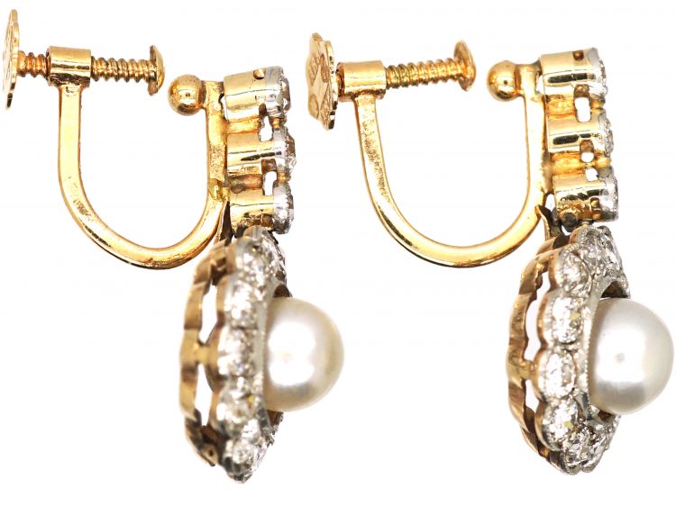 Swedish Early 20th Century 18ct Gold & Platinum, Diamond & Natural Bouton Pearl Drop Cluster Earrings