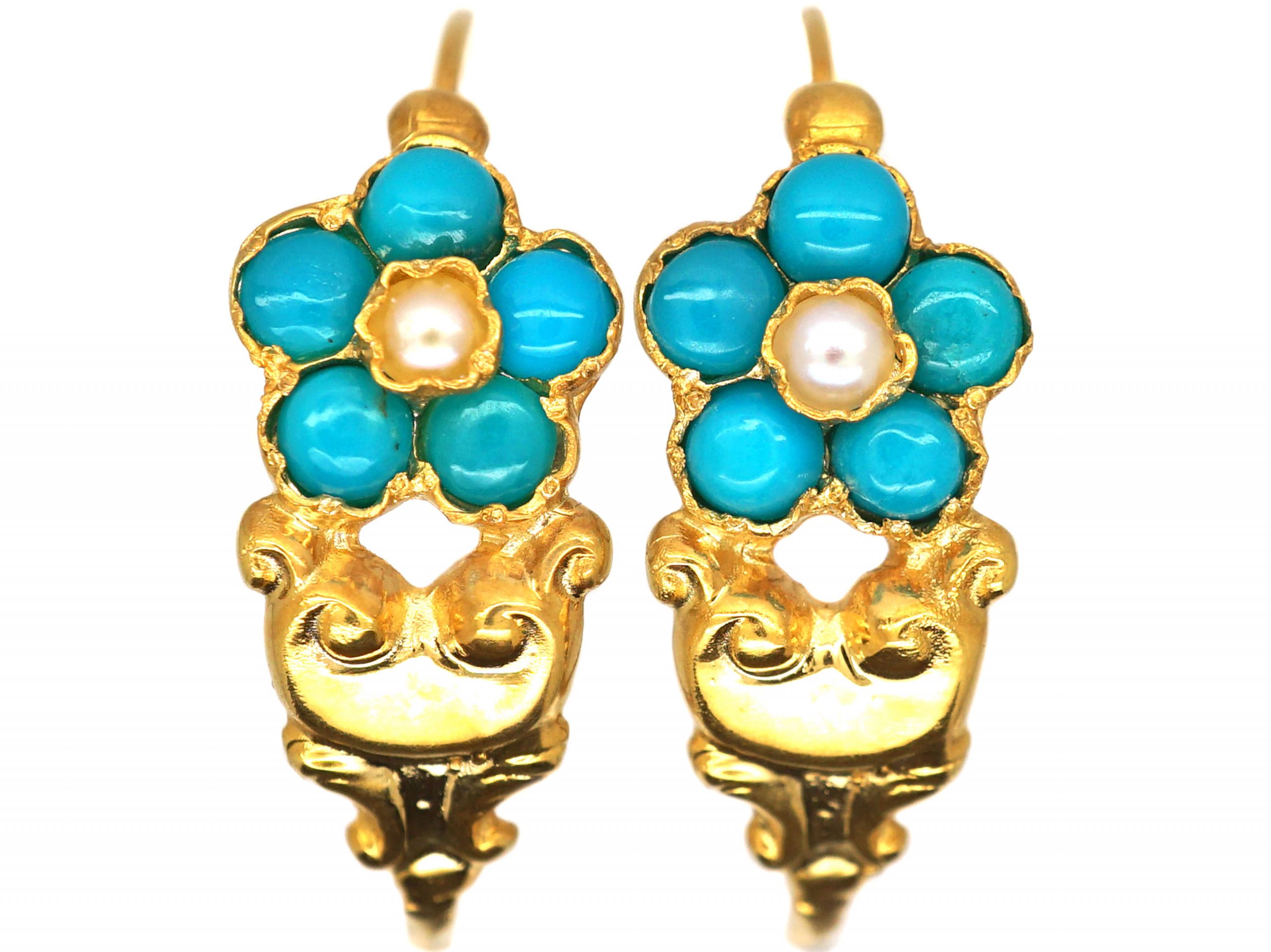 Early 19th Century 18ct Gold Poissarde Earrings set with Turquoise Paste &  Natural Split Pearls