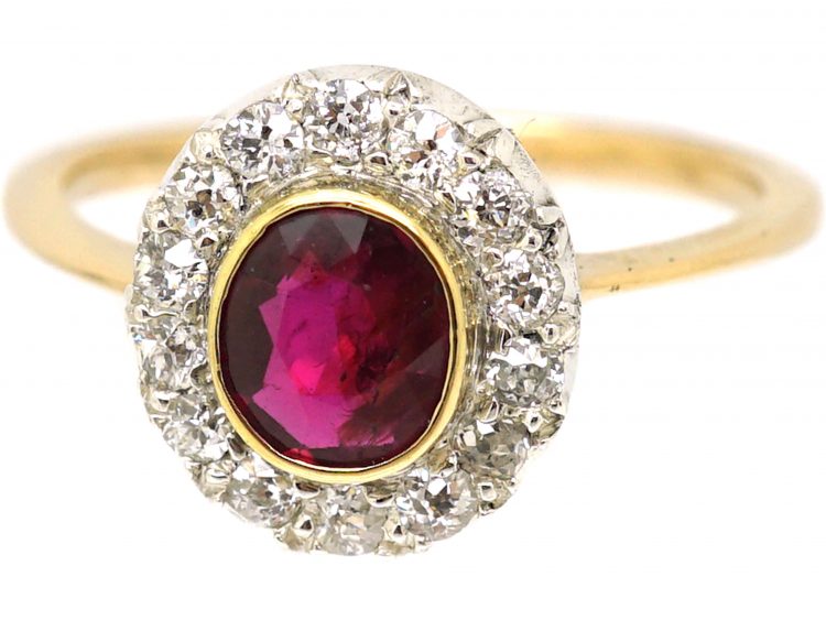 Edwardian 18ct Gold & Platinum, Ruby & Diamond Cluster Ring