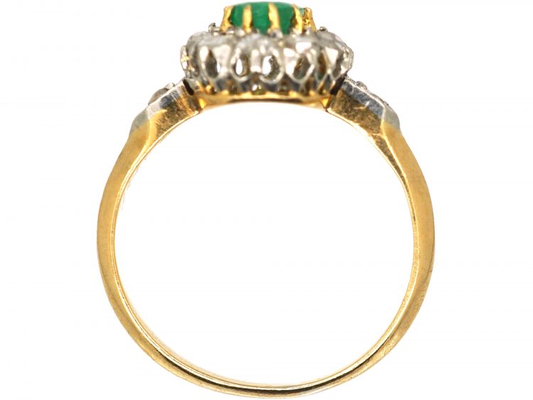 Early 20th Century 18ct Gold, Emerald & Rose Diamond Cluster Ring with Diamond Set Shoulders