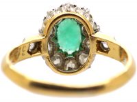 Early 20th Century 18ct Gold, Emerald & Rose Diamond Cluster Ring with Diamond Set Shoulders