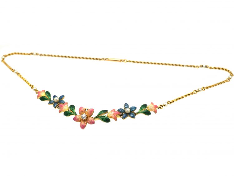 Victorian 15ct Gold Jubilee Enamel Floral Necklace set with a Diamond & Natural Pearls