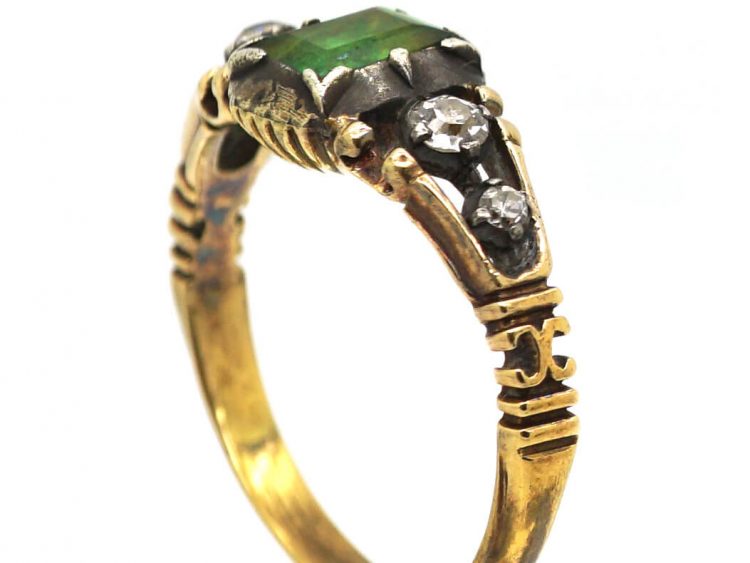 Georgian 15ct Gold & Silver, Emerald & Diamond Ring