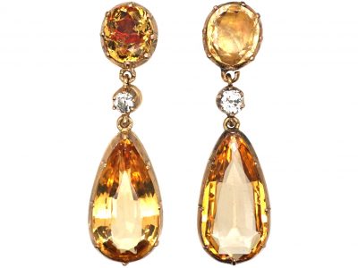 Georgian 15ct Gold, Pear Shaped Topaz & Diamond Drop Earrings