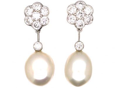 18ct White Gold, Diamond Cluster & Pearl Drop Earrings