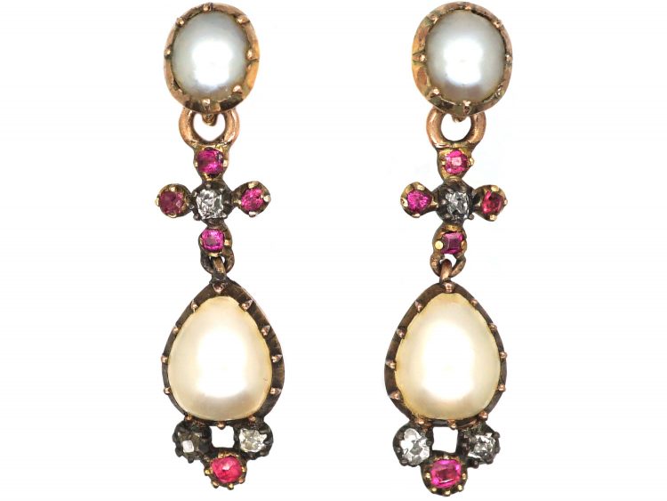 Georgian 9ct Gold, Natural Pearl, Diamond & Ruby Drop Earrings