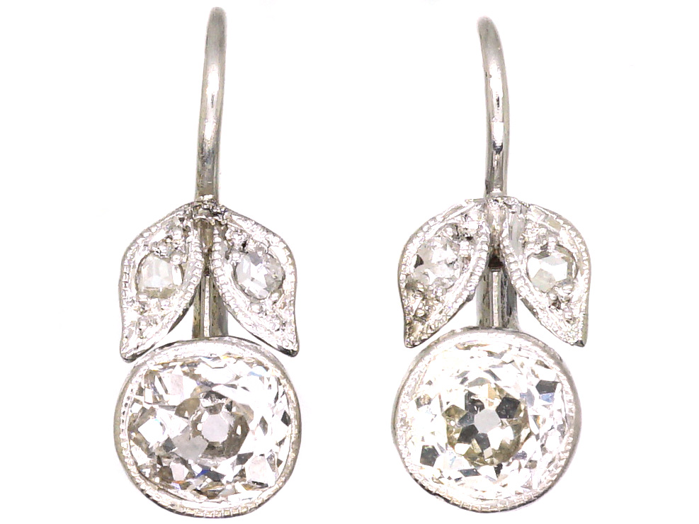 Edwardian 18ct White Gold Flower Bud & Leaf Earrings set with Diamonds ...