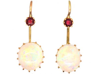 Edwardian 15ct Gold, Opal & Ruby Drop Earrings