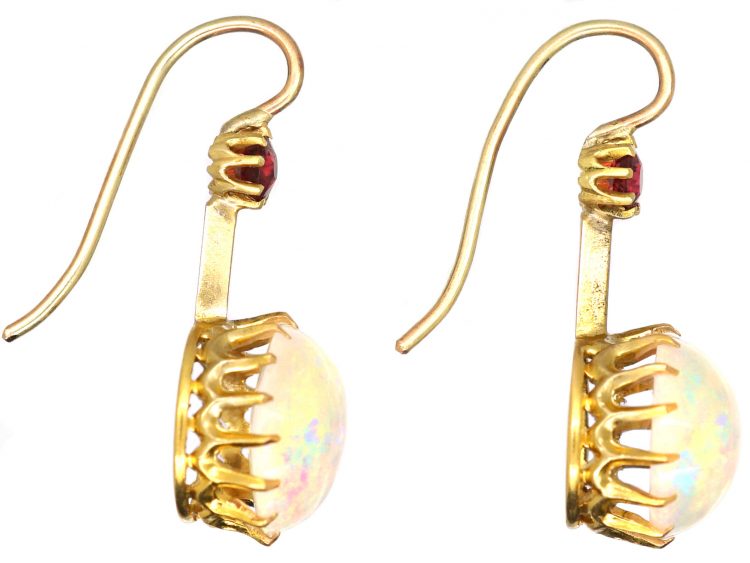 Edwardian 15ct Gold, Opal & Ruby Drop Earrings