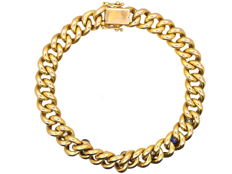 Early 20th Century Cabochon Sapphire & Diamond 14ct Gold Curb Bracelet