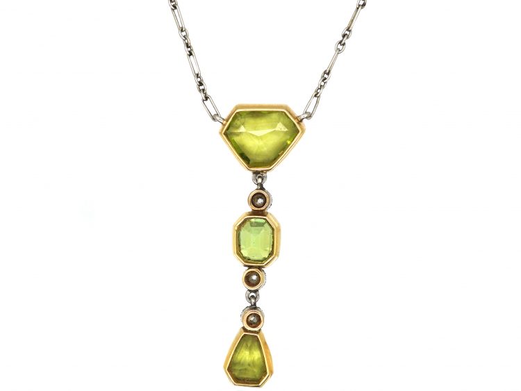 Edwardian 15ct Gold & Platinum, Peridot & Diamond Pendant on Chain