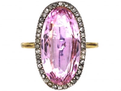 Edwardian 18ct Gold, Large Pink Topaz & Rose Diamond Ring