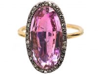 Edwardian 18ct Gold, Large Pink Topaz & Rose Diamond Ring