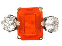 Art Deco Platinum, Fire Opal & Diamond Three Stone Ring