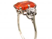 Art Deco Platinum, Fire Opal & Diamond Three Stone Ring