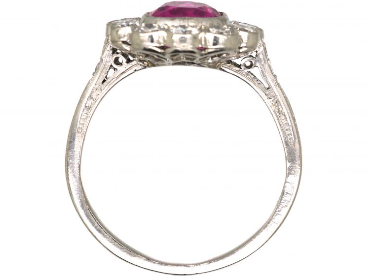 Early 20th Century Platinum, Burma Ruby & Diamond Cluster Ring with Diamond Set Shoulders