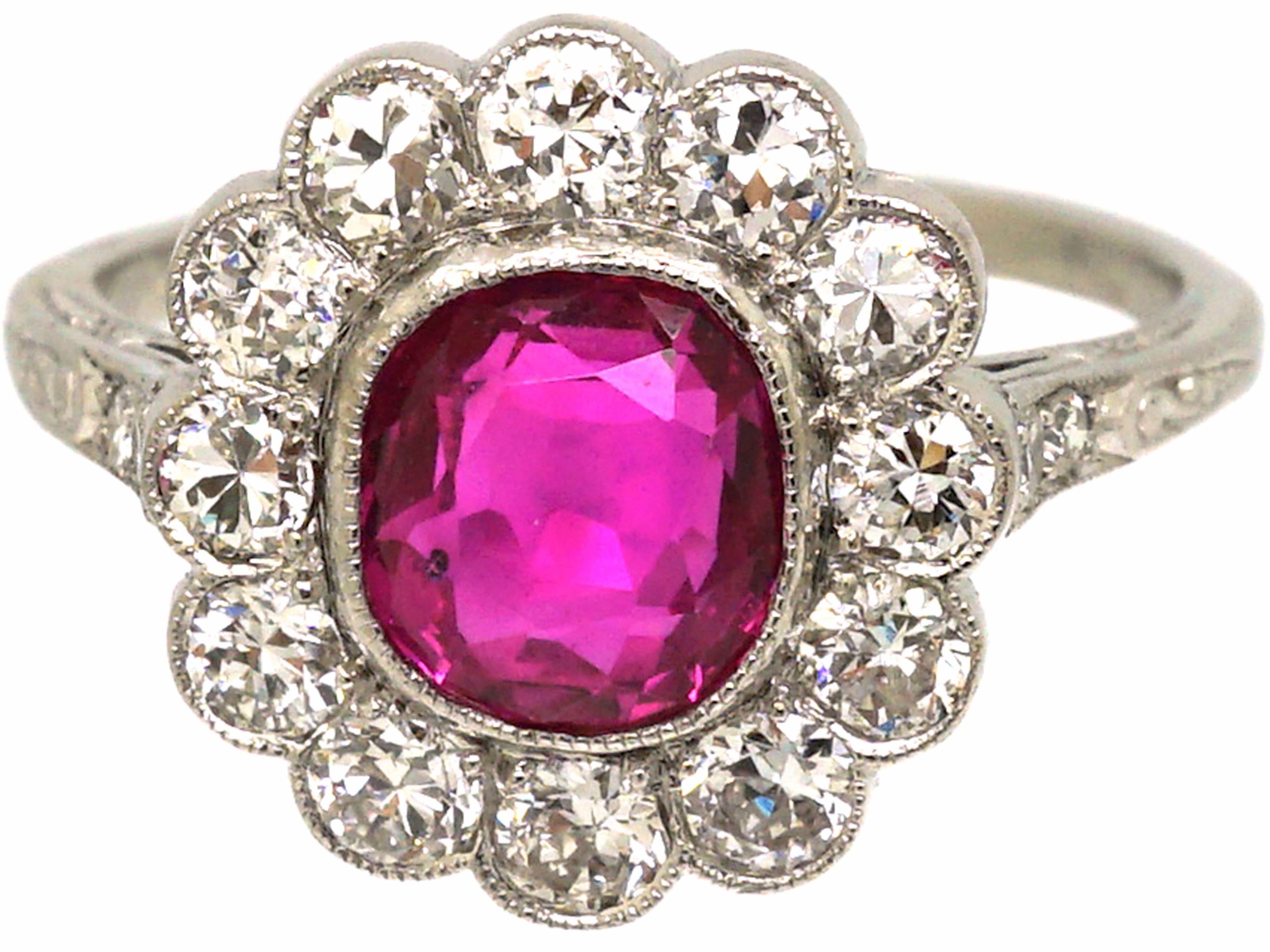 Early 20th Century Platinum, Burma Ruby & Diamond Cluster Ring with ...