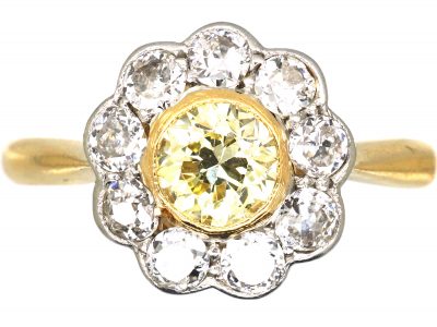 Edwardian 18ct Gold & Platinum, Diamond Cluster Ring with a Yellow Diamond in the Centre