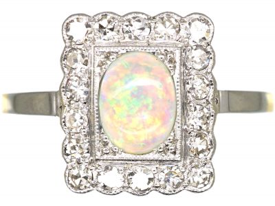 Edwardian 18ct Gold & Platinum, Opal & Diamond Rectangular Ring