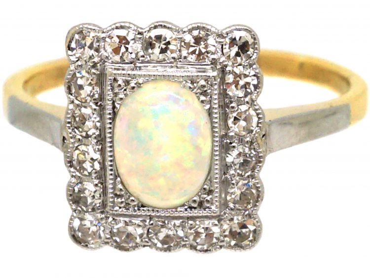 Edwardian 18ct Gold & Platinum, Opal & Diamond Rectangular Ring (549W ...