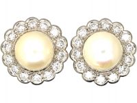 Mid 20th Century 18ct White Gold, Cultured Pearl & Diamond Cluster Earrings