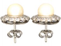 Mid 20th Century 18ct White Gold, Cultured Pearl & Diamond Cluster Earrings