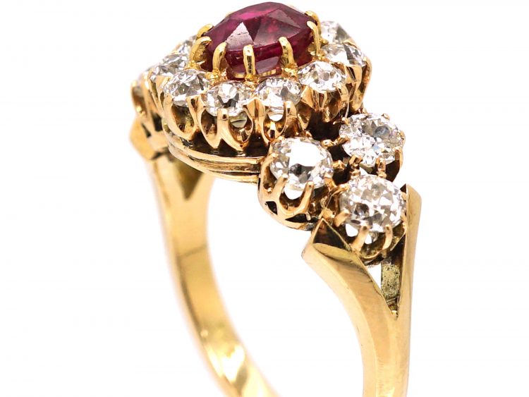 Early 20th Century 14ct Gold, Diamond & Ruby Cluster Ring with Diamond Set Shoulders